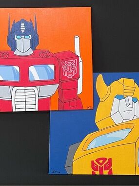 Hand Painted Transformers Pop Art Canvases - Red & Yellow Optimus and Bumblebee